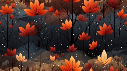 Wall Mural - Elegant pattern of red and blue leaves on a black background is ideal for wallpaper, fabric, and packaging.