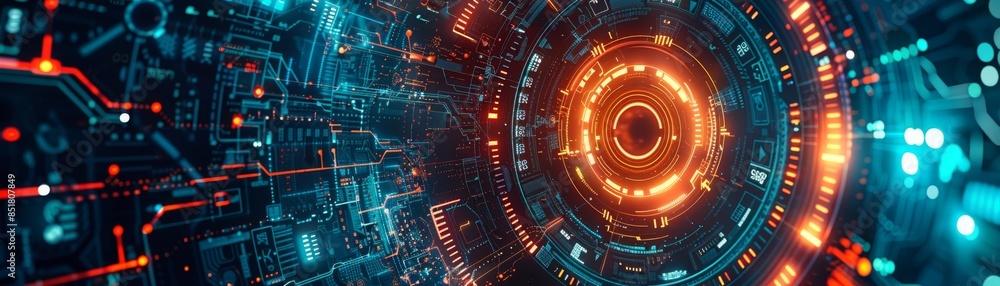 Futuristic digital interface background with glowing circular elements ...