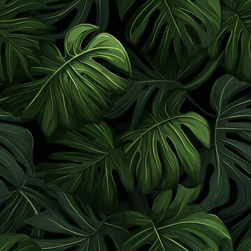 Seamless pattern features an array of green leaves set against a dark background.