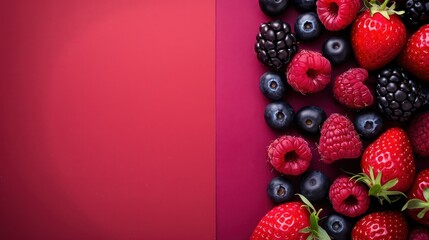 Canvas Print - Assorted berries including strawberries, raspberries, blackberries, and blueberries on a dual tone pink background. Perfect for healthy eating or summer fruit content.