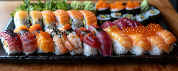 Wall Mural - A sushi platter with colorful sashimi, nigiri, and maki rolls, arranged artfully on a black plate.