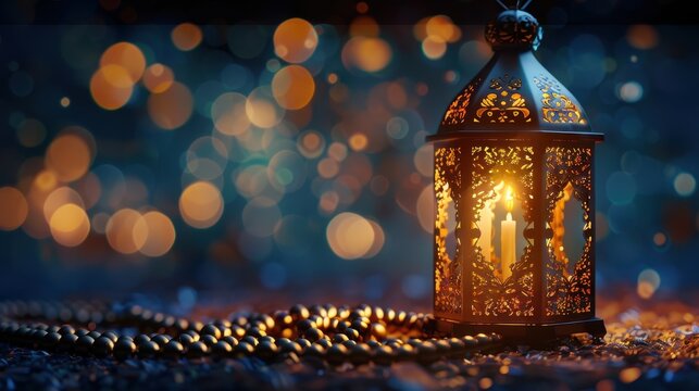 Celebration of islamic eid mubarak and eid al adha lantern with prayer beads 