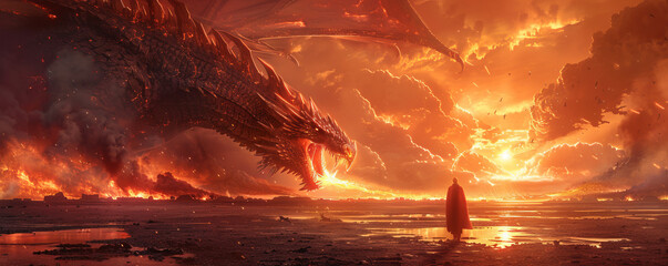 Wall Mural - A barren wasteland ruled by a fire-breathing dragon, its fiery breath illuminating the desolate landscape.