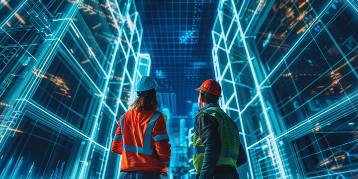 Two construction workers stand in front of a digital cityscape, looking up at the illuminated buildings and lines
