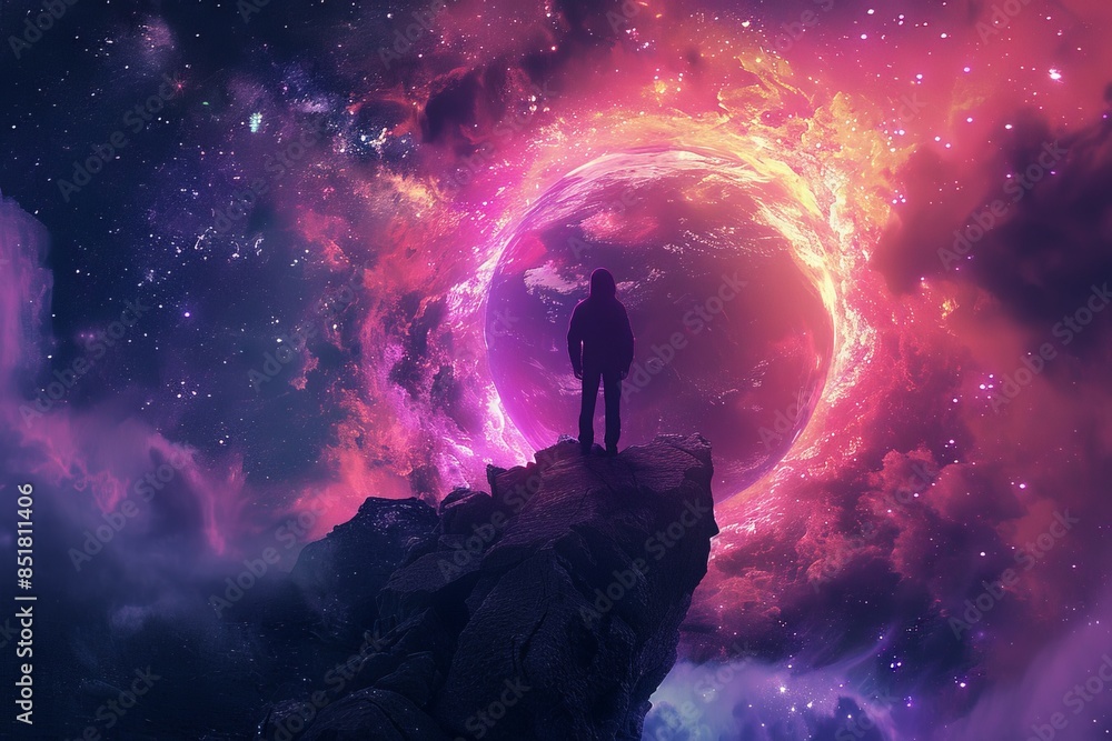 Person standing on a cliff gazing at a cosmic portal in a vibrant night ...