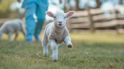 newborn sheep in the farm and the vet on background 