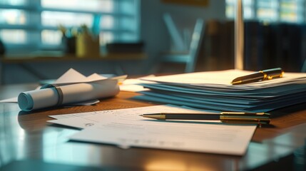 Closeup office desk with work papers and document background