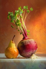 Wall Mural - Healthy harvest organic beet and pear on a vibrant orange background