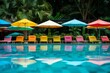 © Jennie Pavl - Relax by the pool surrounded by vibrant umbrellas and comfortable lounge chairs, perfect for a summer getaway. The colorful atmosphere invites you to unwind and soak up the sun.