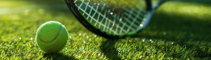 a tennis ball and racket on a grass tennis court