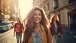 © ORG - Group of young male and female friends smiling happily, walking in the friendship city tourism city Happy long holiday travel