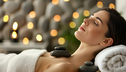 Wall Mural - Beautiful young woman getting hot stone massage at spa salon