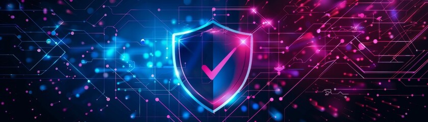 Wall Mural - Illuminated shield with a checkmark symbolizing cybersecurity, digital protection, and secure technology against a blue and pink abstract background.