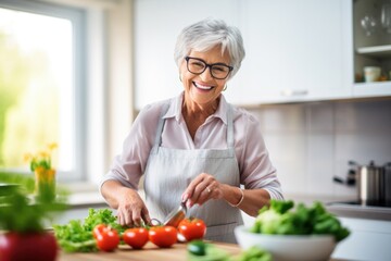 Senior woman smiling happily making vegetable salad in home kitchen