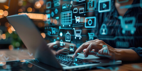 Close-up of a person using an interactive online retail buying experience portal