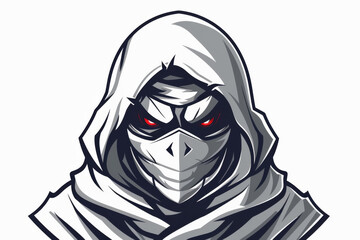 Sticker - evil ninja with white hood and mask, red eyes, angry expression isolated on white background