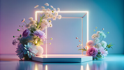 3d stage, neon light  flowers, floral purple illustration, AI generated