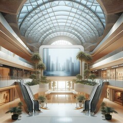 Wall Mural - A large building with escalators and palm trees.