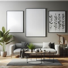 Poster - A living room style interior set design with a mockup poster empty white and with a couch and a coffee table Vibrant creative professional.