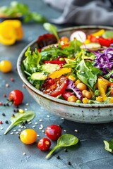 Canvas Print - Closeup of a vibrant bowl of mixed vegetable salad on a table