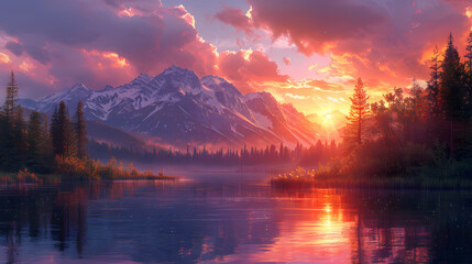 Wall Mural - Mountain Lake Sunset Sunrise Landscape