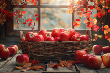 Canvas Print - Bountiful Autumn Harvest Table with Basket of Red Apples and Apple Tree Branch Frame