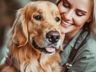 Wall Mural - Caring Female Veterinarian with Golden Retriever at Check Up Visit in Modern Veterinary Clinic