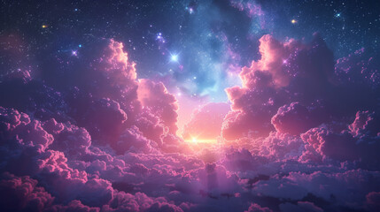 Wall Mural - beautiful sky cloud space galaxy background with stars, bright colours, purple, blue, pink, night sc