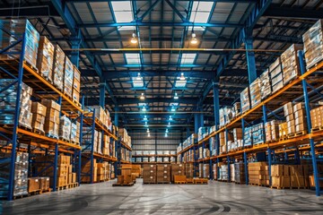  Modern warehouse interior with high shelves filled with boxes and goods, organized and well-lit storage space for logistics and distribution.