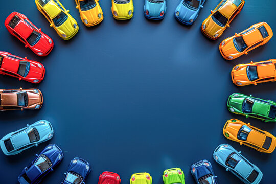 Vibrant Array of Colorful Toy Cars on Dark Blue Background in Modern Design Style
