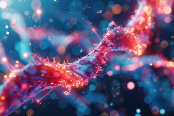 Colorful abstract depiction of DNA strand with glowing particles in a futuristic science background.