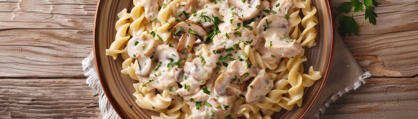 Wall Mural - Creamy Mushroom pasta chicken with cream sauce and parsley on plate 
