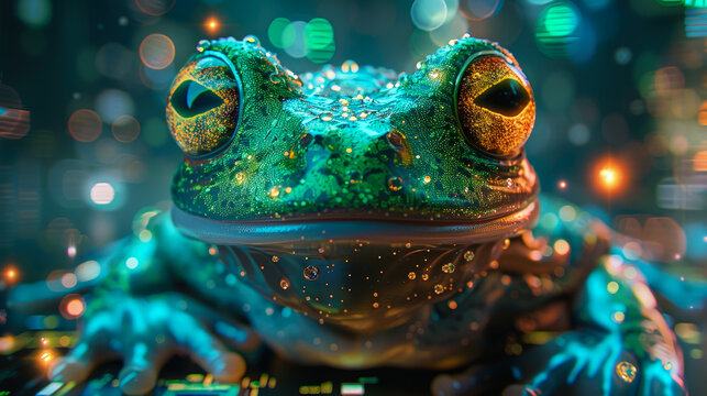 Vibrant Frog in Enchanted Forest with Glowing Eyes and Dewdrops