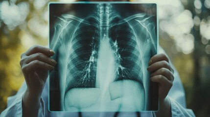 Wall Mural - Doctor holding up a lung X-ray showing the effects of smoking