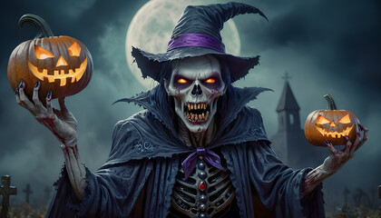 a menacing skeleton dressed as a witch holding two carved pumpkins with glowing faces, set against a