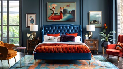 Wall Mural - Elegant and colorful bedroom interior with a vibrant blue tufted bed, eclectic wall art, and mid-century modern furnishings. 