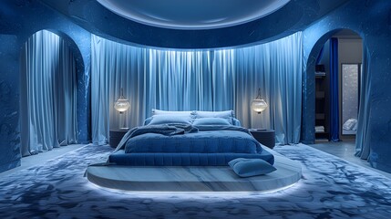 Wall Mural - A luxurious blue-themed bedroom with elegant drapery and stylish lighting provides a serene restful ambiance. 