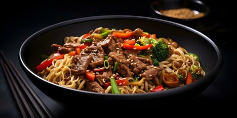 Wall Mural - Top view of stirfried noodles with beef and vegetables in black bowl. Concept Food Photography, Asian Cuisine, Stir-fried Noodles, Top View Shot, Beef and Vegetables