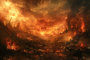 Wall Mural - A fiery landscape with a large explosion in the middle