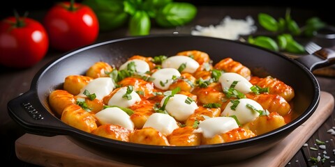 Wall Mural - Gnocchi in Fresh Tomato Sauce with Melted Mozzarella A Culinary Delight. Concept Italian Cuisine, Gnocchi Recipe, Fresh Tomato Sauce, Mozzarella Cheese, Culinary Delight