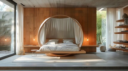 Wall Mural - Modern and stylish bedroom with a round bed and wooden interior illuminated by warm lighting against a large window view 
