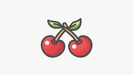 Wall Mural - Two Red Cherries with Green Leaves