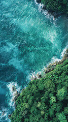 Poster - A beautiful blue ocean with a rocky shoreline and trees in the background