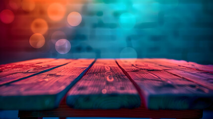 Canvas Print - A wooden table with a blue and red background. The background is blurry and colorful