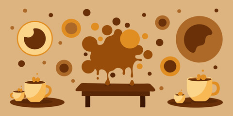 Wall Mural - Various coffee cups with coffee beans and stains can be seen in front of the brown background, playfully nailing the theme of spilled coffee. A central splash dominates the scene, which is dynamic.AI 