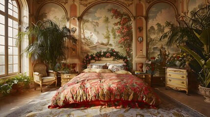 Wall Mural - Elegant vintage bedroom with floral wall design and luxurious furniture reflecting a royal ambiance 