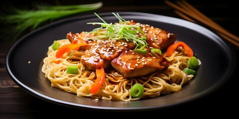 Wall Mural - Japanese Fish Teriyaki Yakisoba Noodles Served on a Nordic Plate in a Closeup Shot. Concept Japanese Cuisine, Teriyaki Noodles, Closeup Photography, Food Presentation, Nordic Plate