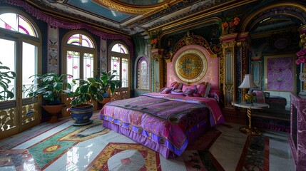 Wall Mural - Opulent bedroom with extravagant decor and vibrant colors featuring a large bed and detailed mosaic floor patterns.