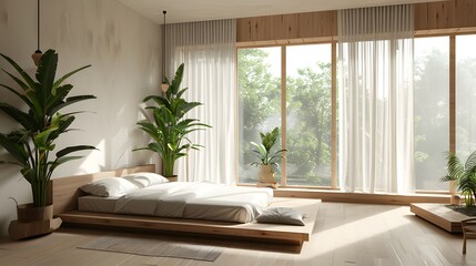 Wall Mural - Minimalistic modern bedroom with large windows and green plants adds a touch of nature to urban living. 