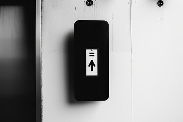 Minimalistic black and white photo of an elevator button with an arrow pointing up, mounted on a white wall in a modern building interior.